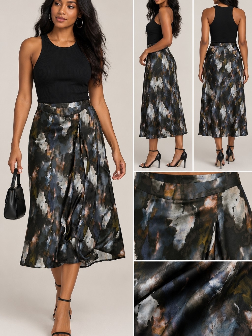 Primark Watercolor-Print Midi Skirt in Black and Multicolor